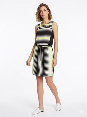 Vince Camuto Geometric Print Dress Black White Neon Yellow Sleeveless Mini Sz 6